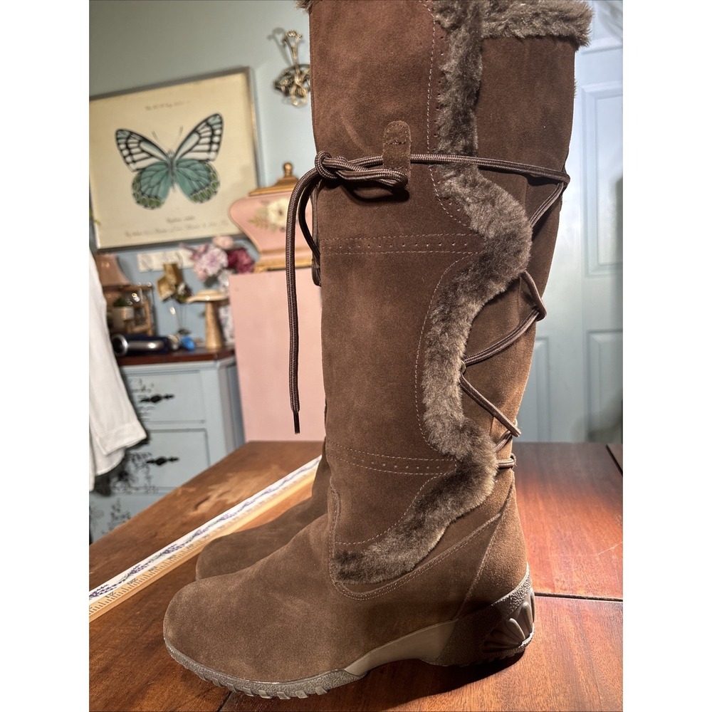 Khombu Chocolate Suede Lace Up 17" Tall Winter Boots with Fur Trim size 10 M